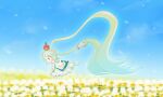  1girl animal_ears blue_eyes cable cable_tail chibi chibi_only commentary_request crown dandelion dress floating_hair flower full_body green_dress green_hair lion-tan lion_ears lion_girl long_hair looking_down magical_girl mechanical_tail original os-tan outdoors personification sato_(esuplusesu) solo tail twintails very_long_hair 