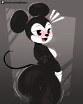  2025 absurd_res anthro artist_name belly big_butt big_ears biped black_body black_fur blush bodily_fluids breasts butt dialogue digital_drawing_(artwork) digital_media_(artwork) disney female female_anthro fur hi_res huge_butt huge_thighs lobokosmico looking_at_viewer mammal minnie_mouse mouse murid murine nipples nude nude_female rodent short_stack solo sweat tail text thick_thighs url 