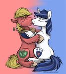  2014 big_macintosh_(mlp) couple cutie_mark duo equine eyes_closed feral freckles friendship_is_magic gay horn horse hug kissing male mammal my_little_pony open_mouth plain_background pony shining_armor_(mlp) simple_background sitting sophiecabra unicorn 