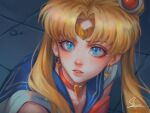 1girl absurdres bishoujo_senshi_sailor_moon bishoujo_senshi_sailor_moon_s blue_sailor_collar choker circlet commentary_request crescent crescent_earrings derivative_work earrings hair_over_shoulder heart heart_choker heart_ornament highres jewelry lips long_hair magical_girl meme parted_bangs red_choker sailor_collar sailor_moon sailor_moon_redraw_challenge_(meme) sailor_senshi_uniform screenshot_redraw solo staryoruu teeth tsukino_usagi twintails upper_body 