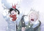  1boy 1girl backpack bag black_hair closed_eyes coat earmuffs evan_edrok fur-trimmed_coat fur-trimmed_scarf fur_trim gloves green_bag green_coat grey_hair ha_yuri_zahard hair_ribbon highres holding holding_snowball light_smile long_hair long_sleeves open_mouth original ponytail red_ribbon red_scarf ribbon sanasanase scared scarf screaming shaded_face snow snowball snowing teeth tower_of_god white_coat wide-eyed winter_clothes winter_coat winter_gloves 