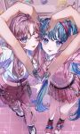  2girls 39 :p aqua_hair arms_up bare_legs belt black_belt blue_eyes blue_hair blue_nails blush breasts chain collared_shirt commentary finger_heart from_above full_body hair_ornament hairband hatsune_miku heart heart_necklace highres jewelry long_hair looking_at_viewer medium_breasts megurine_luka midriff miniskirt multicolored_hair multiple_belts multiple_girls navel necklace pants parted_lips pink_hair pink_nails pink_pants pink_shoes pink_skirt pink_sweater plaid_clothes plaid_skirt ramika_(ramika0606) safety_pin_hair_ornament shirt shoes skirt sneakers star_(symbol) star_hair_ornament sweater symbol-only_commentary tongue tongue_out torn_clothes torn_pants twintails two-tone_hair vocaloid white_shirt white_shoes wispy_bangs yume_kawaii 