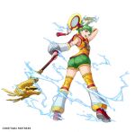  1girl arm_up artist_request ass copyright_notice dragon_kid electricity eyelashes full_body green_eyes green_hair green_shorts headband highres holding holding_staff huang_pao-lin official_art open_mouth phantom_of_the_kill red_headband red_shoes shirt shoes short_hair short_sleeves shorts simple_background smile solo staff standing superhero_costume teeth third-party_source tiger_&amp;_bunny upper_teeth_only white_background yellow_shirt 