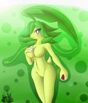 2013 anthro bayleef blush breasts cute female flora_fauna green_background green_skin latiar leaf looking_at_viewer navel nintendo plain_background plant pok&eacute;ball pok&eacute;mon pok&eacute;morph red_eyes solo video_games wide_hips 