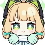  1girl :&gt; animal_ear_headphones animal_ears animated animated_gif aqua_jacket blonde_hair blue_archive blunt_bangs blunt_ends blush_stickers bow bright_pupils cat_ear_headphones cat_ears chunye_haruya closed_mouth commission disembodied_hand dot_nose fake_animal_ears gloves green_bow green_eyes green_gloves green_halo hair_bow halo headphones jacket looking_at_viewer low-tied_sidelocks lowres midori_(blue_archive) midori_(winter)_(blue_archive) missing_commentary official_alternate_costume pov reaching reaching_towards_viewer scarf second-party_source short_hair sidelocks simple_background smile solo text_print transparent_background upper_body white_pupils white_scarf winter_clothes 