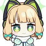  1girl :q animal_ear_headphones animal_ears animated animated_gif aqua_jacket blinking blonde_hair blue_archive blunt_bangs blunt_ends blush_stickers bow bright_pupils cat_ear_headphones cat_ears chunye_haruya closed_mouth commission disembodied_hand dot_nose fake_animal_ears gloves green_bow green_eyes green_gloves green_halo hair_bow halo headphones jacket looking_at_viewer low-tied_sidelocks lowres midori_(blue_archive) midori_(winter)_(blue_archive) missing_commentary official_alternate_costume scarf second-party_source short_hair sidelocks simple_background smile solo text_print tongue tongue_out transparent_background upper_body white_pupils white_scarf winter_clothes 