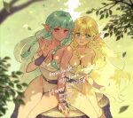 2girls aqua_hair blonde_hair blurry blurry_foreground braid breasts character_name cleavage closed_mouth collarbone commentary_request dark-skinned_female dark_skin eltolinde_(unicorn_overlord) falling_leaves floating_hair groin hair_tubes happy_birthday leaf leotard long_hair looking_at_viewer medium_breasts multiple_girls nerikiri6 on_tree_stump open_mouth pointy_ears red_eyes rosalinde_(unicorn_overlord) sitting smile twin_braids unicorn_overlord watermark white_leotard 