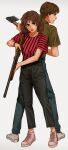  1boy 1girl :o absurdres axe back-to-back bags_under_eyes belt black_belt black_pants blue_pants bob_cut brown_belt brown_hair brown_shirt c-fish capri_pants collared_shirt converse denim eyelashes eyeshadow fingernails full_body gold_necklace green_eyes gun highres holding holding_axe holding_gun holding_weapon jeans jewelry jonathan_byers legs_apart looking_ahead looking_at_viewer makeup nancy_wheeler necklace pants parted_lips pink_lips pink_shirt pink_shoes profile pump_action serious shirt shirt_tucked_in shoes short_hair short_sleeves shotgun sneakers standing stranger_things striped_clothes striped_shirt v-shaped_eyebrows watch wavy_hair weapon white_background white_shoes wispy_bangs wristwatch 