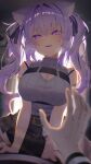  1girl absurdres ahoge animal_ear_fluff animal_ears belt black_ribbon black_skirt blurry blurry_background blurry_foreground breasts brown_belt cat_ears cat_girl cat_tail chest_harness cleavage cleavage_cutout clothing_cutout commentary_request crossed_bangs depth_of_field double-parted_bangs girl_on_top grey_shirt hair_between_eyes hair_ribbon harness highres hololive indoors large_breasts long_hair looking_at_viewer nekomata_okayu nekomata_okayu_(8th_costume) official_alternate_costume official_alternate_hairstyle open_mouth pov pov_hands purple_eyes purple_hair ribbon shirt skirt sleeveless sleeveless_shirt solo_focus straddling tail twintails virtual_youtuber yusha_(lv1_yusha_522) 