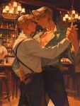 4boys ahoge america_(hetalia) american_flag american_flag_print axis_powers_hetalia bar_(place) belt black_belt black_hair black_pants blonde_hair blue_eyes bottle buttons chair chandelier collarbone cowboy_shot en_llll english_commentary flag_print floor green_eyes green_shirt hand_around_waist hand_up highres holding_hands indoors long_sleeves looking_at_another male_focus multiple_boys muscular muscular_male open_clothes open_shirt pants puffy_long_sleeves puffy_sleeves shelf shirt short_hair smile standing suspenders teeth united_kingdom_(hetalia) white_shirt yaoi 