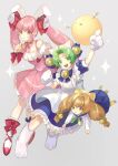  3girls animal_ears animal_hat arm_up bell blue_dress brown_hair cat_hat dejiko di_gi_charat dice_hair_ornament dress fake_animal_ears gema gloves green_eyes green_hair green_neckerchief hair_ornament hat jingle_bell long_hair multiple_girls neck_bell neckerchief noki_(affabile) open_mouth pink_dress pink_hair puchiko rabbit_ears red_shoes shoes twintails usada_hikaru white_gloves 