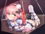  1girl absurdres aiza-ku bdsm blush bondage bound flower flower_ornament hair_flower hair_ornament highres magical_girl mahou_shoujo_ikusei_keikaku no_shoes panties pink_hair restrained short_hair snow_white_(mahoiku) tears tentacles thighhighs underwear white_panties white_thighhighs yellow_eyes 
