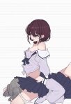  2girls blue_eyes blue_shirt blue_skirt blush brown_hair chinese_commentary commentary_request cunnilingus girls_band_cry grey_hair hair_between_eyes highres hina_(girls_band_cry) iseri_nina long_sleeves low_twintails multiple_girls open_mouth oral panties panties_around_one_leg pleated_skirt school_uniform shirt short_hair short_twintails skirt straddling sweat twintails underwear white_panties yun_cao_bing yuri 