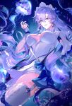  1girl absurdres blue_eyes blue_flower breasts bubble cantarella_(wuthering_waves) commentary dress earrings facial_mark flower garter_straps hair_flower hair_ornament hand_up headdress highres jellyfish jewelry large_breasts long_hair mark_under_eye parted_lips purple_hair salman_(salman_dw) shrug_(clothing) solo thighhighs thighs very_long_hair white_dress white_garter_straps white_shrug white_thighhighs wuthering_waves 