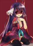  1girl ahoge black_hair black_thighhighs breasts cleavage emil_chronicle_online hair_ornament japanese_clothes kimono kiyohime_lore large_breasts open_mouth red_background red_eyes seiza sitting thighhighs wanko_(takohati8) yandere 