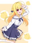  1girl :d \m/ ahoge baby_animal bird black_ribbon black_skirt blue_bow blush bow breasts buttons center_frills chick commentary double_bun eyes_visible_through_hair floating_hair foot_out_of_frame frilled_sailor_collar frilled_shirt frilled_skirt frills hair_between_eyes hair_bow hair_bun hair_intakes hamidashi_creative hand_up happy high-waist_skirt highres huge_ahoge izumi_hiyori long_hair long_sleeves looking_at_viewer medium_skirt open_mouth outline red_eyes ribbon sailor_collar shirt sidelocks simple_background sitting skirt smile socks solo sora_umi_ao two_side_up wariza white_outline white_sailor_collar white_shirt white_socks yellow_background 