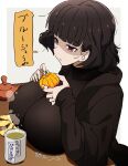  1girl absurdres black_hair black_jacket black_sweater blunt_bangs breast_rest breasts cup food fruit goumonsha green_tea highres huge_breasts jacket kotatsu kurokirishima_yui_(goumonsha) long_sleeves mandarin_orange musical_note orange_peel original peeling purple_eyes short_hair solo spoken_musical_note steam steaming_cup sweater table tea teapot yunomi 