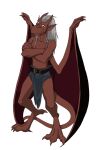 anthro belt bottomwear brooklyn_(gargoyles) clothed clothing crossed_arms disney gargoyle gargoyles hair horn humanoid_pointy_ears loincloth loincloth_only looking_at_viewer male membrane_(anatomy) membranous_wings neomae pointy_ears red_body scalie simple_background smile solo topless white_hair wings