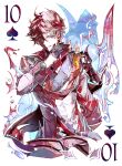  1boy absurdres black_gloves blue_eyes card coat cocoballking cropped_torso genshin_impact gloves grey_coat grin hair_between_eyes hand_up highres hydrokinesis looking_at_viewer male_focus mask mask_on_head orange_hair playing_card red_mask short_hair smile solo tartaglia_(genshin_impact) ten_of_spades water 