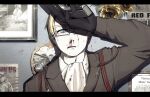  1boy america_(hetalia) american_flag ascot axis_powers_hetalia black_border black_gloves blonde_hair blood blood_on_clothes blood_on_face blue_eyes border brown_jacket desert_eagle english_commentary english_text flower glasses gloves gun handgun hat highres holding holding_gun holding_weapon jacket lapels long_sleeves looking_at_viewer male_focus military_hat military_jacket military_uniform military_vehicle moon motor_vehicle nosebleed open_mouth pcpc_onaka picture_frame poster_(object) semi-rimless_eyewear shadow shirt short_hair solo space spacesuit star_(symbol) sunflower tank upper_body weapon white-framed_eyewear white_ascot white_shirt yellow_flower 