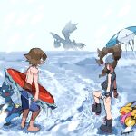  1boy 1girl beach_umbrella boots brown_hair cold dewott exposed_pocket frozen hilbert_(pokemon) hilda_(pokemon) holding holding_swim_ring kyurem nyagiratwist outdoors pikachu pink_scarf pokemon pokemon_(creature) pokemon_bw scarf source_request standing swim_ring trembling umbrella 