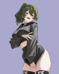  1girl absurdres breasts choker green_hair highres jmx_(j_m_x) looking_at_viewer midriff miniskirt navel purple_eyes side_ponytail skirt smile sousou_no_frieren sweater tagme thighhighs ubel_(sousou_no_frieren) 