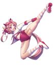 1girl animal_ears buruma chun-li commentary_request ear_covers fingerless_gloves flower-shaped_pupils flower_in_eye gloves gym_shirt gym_uniform haru_urara_(umamusume) headband high_kick horse_ears horse_girl horse_tail horseshoe kicking long_hair moke_ro pink_eyes pink_hair red_buruma red_gloves red_headband shirt simple_background socks solo street_fighter striped_clothes striped_socks symbol-shaped_pupils symbol_in_eye t-shirt tail tenshokyaku umamusume white_background white_shirt 