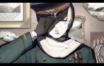  1boy axis_powers_hetalia black_border black_gloves blood blood_on_clothes blood_on_face border buttons closed_mouth english_commentary feathers gloves green_hat green_jacket hand_on_headwear hand_up hat hat_ornament highres jacket long_sleeves looking_at_viewer male_focus medal military_hat military_jacket military_uniform nosebleed pcpc_onaka picture_frame poster_(object) purple_eyes russia_(hetalia) russian_text scarf shadow short_hair solo space sputnik star_(symbol) star_hat_ornament star_ornament upper_body white_hair white_scarf 