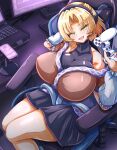  1girl absurdres arm_warmers black_skirt black_sports_bra blonde_hair breasts brown_shirt cellphone chair computer controller dollyspica game_controller gaming_chair green_eyes headphones highres holding holding_controller holding_game_controller huge_breasts laptop mizuhashi_parsee monitor open_mouth phone shirt short_hair sitting skirt sports_bra swivel_chair touhou 