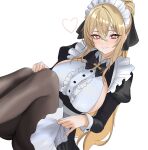  1girl alternate_costume blonde_hair breasts bright_pupils center_frills counter:side dutch_angle ecclesia_(counter:side) enmaided frills hair_between_eyes hand_on_own_knee head_tilt heart highres juliet_sleeves knees_up korean_commentary kurotel687 large_breasts light_blush light_smile long_hair long_sleeves looking_at_viewer maid maid_headdress pantyhose ponytail puffy_sleeves red_eyes ringed_eyes sideboob_cutout simple_background sitting solo white_background white_pupils 