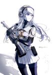  1girl armor bag black_gloves black_hairband borrowed_clothes cowboy_shot gloves gun hairband highres holding holding_gun holding_weapon kashimiya_karua long_hair looking_to_the_side purple_eyes rifle satchel skirt solo suoyuan960 the_hundred_line_-last_defense_academy- twitter_username weapon white_background white_skirt 