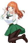  1girl black_pantyhose black_sailor_collar breasts double_v girls_und_panzer green_skirt highres hikari_(hikaring3120) large_breasts looking_at_viewer ooarai_school_uniform open_mouth orange_hair pantyhose sailor_collar school_uniform shirt shoes simple_background skirt solo standing takebe_saori v white_background white_shirt 