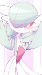  blush bob_cut colored_skin dress gardevoir green_hair green_skin hair_over_one_eye highres looking_at_viewer multicolored_skin narumiya_pkmn pink_eyes pokemon pokemon_(creature) smile two-tone_skin white_dress white_skin 