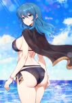  1girl ass back beach bikini black_bikini black_cape blue_eyes blue_hair blue_sky blush breasts cape closed_mouth cloud commentary_request covered_nipples day female_byleth_(fire_emblem) female_byleth_(summer)_(fire_emblem) fire_emblem fire_emblem:_three_houses fire_emblem_heroes from_behind hair_between_eyes large_breasts long_hair looking_at_viewer ocean official_alternate_costume sideboob sidelocks sky smile solo standing swimsuit sylphy_fe thighs watermark 