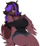  anthro avian beak big_breasts bird bottomwear breasts brown_body brown_feathers clothed clothed_female clothing collar daisy_dukes denim denim_bottomwear denim_clothing denim_shorts feathers female hair highlights_(coloring) hotpants looking_at_viewer non-mammal_breasts pinup pose punipaws purple_eyes purple_hair shirt shorts sitting solo spiked_collar spikes tail tail_feathers thick_thighs topwear wide_hips 
