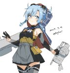  absurdres bare_shoulders bigkwl black_gloves blue_eyes blue_hair blush braided_sidelock breasts detached_sleeves gloves grey_thighhighs highres kantai_collection long_hair looking_to_the_side pleated_skirt shimane_maru_(kancolle) skirt small_breasts thigh_gap thighhighs turtleneck white_background zettai_ryouiki 