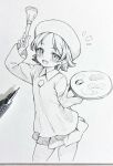  1girl adeleine art_tools_in_frame collared_shirt commentary_request graphite_(medium) greyscale hat highres holding holding_paint_palette holding_paintbrush kirby_(series) kirby_64 looking_at_viewer monochrome notice_lines open_mouth paint_palette paintbrush seishun_dendeke shirt short_hair skirt smile solo standing traditional_media 