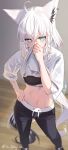  1girl ahoge alternate_costume animal_ear_fluff animal_ear_piercing animal_ears aqua_eyes black_sports_bra blurry blurry_background braid breasts clothes_lift contrapposto crossed_bangs double-parted_bangs fox_ears fox_girl fox_tail glowing glowing_eyes hair_between_eyes hand_on_own_hip highres hololive indoors light_trail long_hair looking_at_viewer low_ponytail medium_breasts midriff navel ponytail shirakami_fubuki shirt shirt_lift short_sleeves side_braid single_braid solo sports_bra standing ta_shiuji30 tail three-quarter_sleeves virtual_youtuber white_hair white_shirt wooden_floor 
