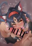  1boy 1girl animal_ear_fluff animal_ears bar_censor black_hair black_thighhighs breasts cat_ears cat_girl cat_tail censored commentary_request dark-skinned_female dark_skin fellatio heart hetero highres kazami_windy licking licking_penis long_hair multiple_tails nekomata nekomiya_mana nipples oral penis red_eyes slit_pupils small_breasts sound_effects tail thighhighs tongue tongue_out two_tails variant_set zenless_zone_zero 