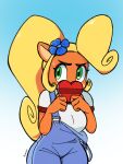 3:4 activision anthro bandicoot big_breasts blonde_hair blue_background blush bodily_fluids bonyungus breasts clothing coco_bandicoot crash_bandicoot_(series) female fur green_eyes hair heart_symbol hi_res holidays long_hair looking_away mammal marsupial overalls shy simple_background solo suggestive sweat thick_thighs valentine&#039;s_day