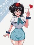  1990s_(style) 1girl absurdres alternate_costume aqua_neckerchief aqua_skirt bare_legs black_hair breasts collared_shirt hat heart highres index_finger_raised large_breasts miwijag1997 neckerchief open_mouth pom_pom_(clothes) red_eyes retro_artstyle shameimaru_aya shirt short_sleeves skirt solo thighs tokin_hat touhou travel_attendant white_shirt wide_hips 