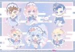  2girls 4boys :d aqua_eyes artist_name blonde_hair blue_capelet blue_eyes blue_gloves blue_hair blue_hat blue_shoes blue_shorts bonnet bow brown_hair capelet chibi chibi_only commentary_request copyright_notice crescent full_body fur-trimmed_capelet fur_trim gloves gradient_hair hair_between_eyes hair_bow hat hatsune_miku holding holding_paintbrush holding_umbrella japanese_clothes kagamine_len kagamine_rin kaito_(vocaloid) kimono logo long_hair megurine_luka meiko_(vocaloid) mikanmochi multicolored_hair multiple_boys multiple_girls official_art paintbrush pink_bow pink_hair purple_eyes purple_skirt second-party_source shoes shorts skirt smile streaked_hair tongue twintails umbrella very_long_hair vocaloid white_hair yuki_kaito yuki_len yuki_luka yuki_meiko yuki_miku yuki_miku_(2023) yuki_rin 