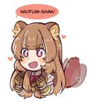 1girl :d ange_(angeban93) animal_ear_fluff animal_ears armor armored_gloves blush breastplate bright_pupils brown_gloves brown_hair chibi collared_dress commentary dress elbow_gloves english_commentary english_text gloves heart high_collar long_hair long_sleeves looking_ahead metal_arm_cuffs metal_wrist_cuffs neck_ribbon open_mouth pauldrons pink_eyes raccoon_ears raccoon_girl raccoon_tail raphtalia red_ribbon ribbon shoulder_armor simple_background single_pauldron smile solo speech_bubble striped_clothes striped_dress tail tail_wagging tate_no_yuusha_no_nariagari upper_body vertical-striped_clothes vertical-striped_dress white_background white_dress white_pupils 
