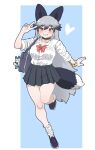  alternate_costume animal_ears bag bag_charm black_choker black_shoes black_skirt bow bowtie charm_(object) choker extra_ears fox_ears fox_girl fox_tail grey_hair hair_between_eyes highres kemono_friends kumasyan1998 loafers long_hair long_sleeves loose_socks lucky_beast_(kemono_friends) multicolored_hair nail_polish orange_eyes orange_nails pleated_skirt red_bow red_bowtie school_bag school_uniform scrunchie shirt shoes sidelocks silver_fox_(kemono_friends) skirt socks standing standing_on_one_leg tail v white_shirt white_socks wrist_scrunchie 