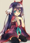  1girl ahoge black_hair black_thighhighs breasts cleavage emil_chronicle_online green_eyes hair_ornament japanese_clothes kimono kiyohime_lore large_breasts open_mouth seiza simple_background sitting thighhighs wanko_(takohati8) 