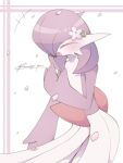 alternate_color blush closed_eyes colored_skin dress flower gardevoir hair_flower hair_ornament hair_over_one_eye multicolored_skin narumiya_pkmn open_mouth petals pink_flower pink_hair pink_petals pokemon pokemon_(creature) simple_background smile two-tone_skin white_background white_dress white_skin 
