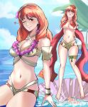  1girl ;) ass_visible_through_thighs beach bikini bikini_bottom_only breasts celica_(fire_emblem) celica_(summer)_(fire_emblem) clam cleavage cloud cloudy_sky covering_breasts covering_privates criss-cross_halter fire_emblem fire_emblem_echoes:_shadows_of_valentia fire_emblem_heroes flower flower_necklace hair_flower hair_ornament hair_over_breasts half-closed_eyes halterneck heart highres jewelry large_breasts leg_brace lei long_hair multiple_views necklace official_alternate_costume one_eye_closed orange_eyes orange_hair palm_tree red_eyes red_hair red_sash sash sitting skindentation sky smile summer swimsuit thighs topless_female tree water yoltablaze 