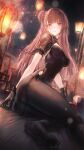  1girl absurdres ass black_dress black_gloves black_pantyhose black_shrug blush breasts china_dress chinese_clothes closed_mouth collared_shrug dress girls&#039;_frontline girls&#039;_frontline_2:_exilium gloves hair_bun highres lamppost large_breasts looking_at_viewer makiatto_(embroidered_bamboo_blooming_shadows)_(girls&#039;_frontline_2) makiatto_(girls&#039;_frontline_2) official_alternate_costume on_floor pantyhose purple_eyes purple_hair renoahh shrug_(clothing) single_hair_bun single_side_bun snow_print soles solo wa2000_(girls&#039;_frontline) watermark 