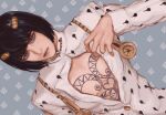  1boy bare_pectorals black_hair blue_eyes bob_cut bruno_bucciarati chest_tattoo highres jojo_no_kimyou_na_bouken long_sleeves pectorals short_hair solo suit tattoo white_suit zipper zipper_pull_tab zvdohu 