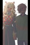  1girl 1other 673_q animal_ears antlers arm_behind_back black_dress black_shirt blonde_hair checkered_sweater collared_shirt commentary crossed_bangs deer_antlers deer_ears deer_girl deltarune dress furry furry_female green_sweater hair_over_one_eye hashtag-only_commentary highres holding_hands horns kris_(deltarune) long_dress long_hair long_sleeves noelle_holiday pillarboxed red_eyes shirt sweater 